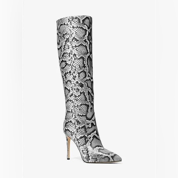 MK Women's Leather Snake Embossed Rue Stiletto Knee Boots Black Size:6M - Picture 1 of 3